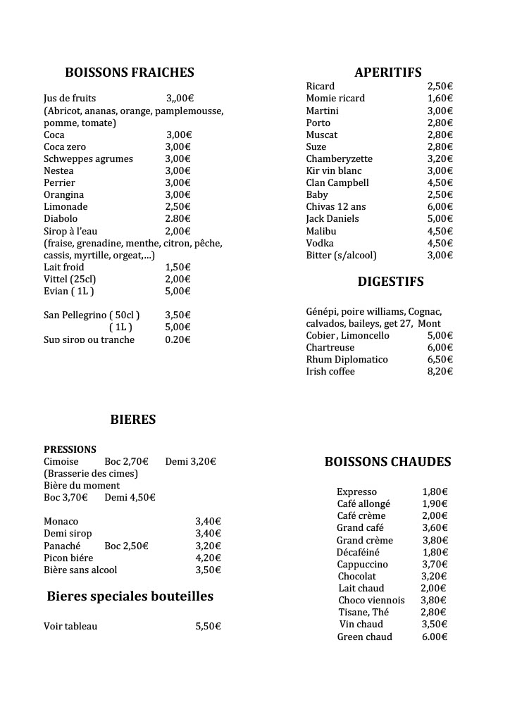 Carte des boissons